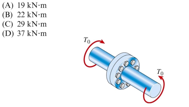 Two flanged shafts are connected by eight 18-mm bolts. The diam- eter of the bolt circle is 240 mm. The allowable shear stress in the bolts is 90 MPa. Ignore friction between the flange plates. The maximum value of Torque is approximately:
