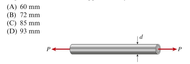 A copper tube with wall thickness of 8 mm must carry an axial ten- sile force of 175 kN. The allowable tensile stress is 90 MPa. The minimum Required outer diameter is approximately: