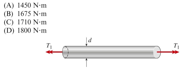 An aluminum bar of diameter d ⫽ 52 mm is twisted by torques at the ends. The allowable shear stress is 65 MPa. The maximum permis- sible torque is approximately:
