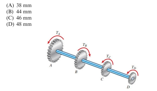 A gear shaft transmits torques , . If the allowable shear stress is 50 MPa, the required shaft diameter is approximately: