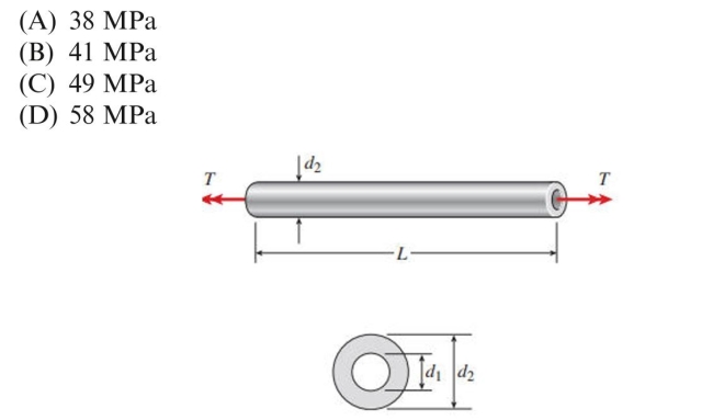 A hollow aluminum shaft (G ⫽ 27 GPa, and has an angle of twist per unit length of 1.8⬚/m due to torques T. The resulting maximum tensile stress in the shaft is approx- Imately: