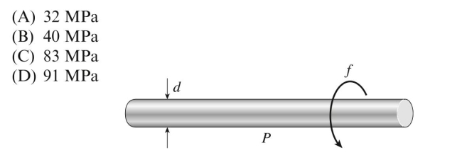A motor drives a shaft with diameter and delivers of power. The maximum shear stress in the shaft is approximately:
