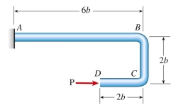 A steel hanger with solid cross section has horizontal force P ⫽ 5.5 kN applied at free end D. Dimension variable b ⫽ 175 mm and Allowable normal stress is 150 MPa. Neglect self-weight of the hanger. The required diameter of the hanger is approximately: (A) 5 cm (B) 7 cm (C) 10 cm (D) 13 cm