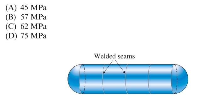A cylindrical tank is assembled by welding steel sections circumfer- entially. Tank diameter is 1.5 m, thickness is 20 mm, and internal pressure Is 2.0 MPa. The maximum tensile stress in the cylindrical part of the tank Is approximately: