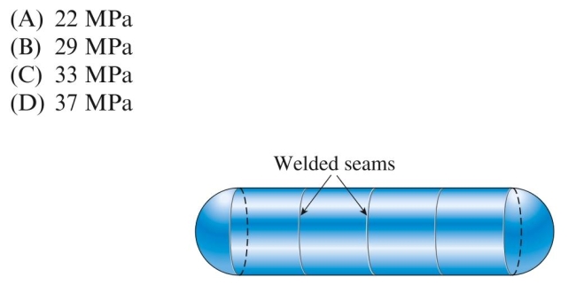 A cylindrical tank is assembled by welding steel sections circumfer- entially. Tank diameter is 1.5 m, thickness is 20 mm, and internal pressure Is 2.0 MPa. The maximum tensile stress perpendicular to the welds is Approximately: