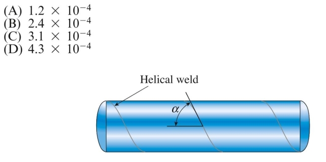 A cylindrical tank is assembled by welding steel sections in a heli- cal pattern with angle . Tank diameter is 1.6 m, thickness is 20 mm, and internal pressure is 2.75 MPa. Modulus and Poisson's ratio . The longitudinal strain in the the wall of the Tank is approximately: