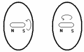 The sketch below shows a bar magnet in a loop of wire with the bar perpendicular to the plane of the loop. The left-hand side shows the magnet being spun around its long axis while on the right side the magnet is turned end-over-end. Which case creates a larger induced current in the loop?   A)  The right-hand side. B)  The left-hand side. C)  Neither situation produces an induced current. D)  The induced current is the same in each case and is not zero.