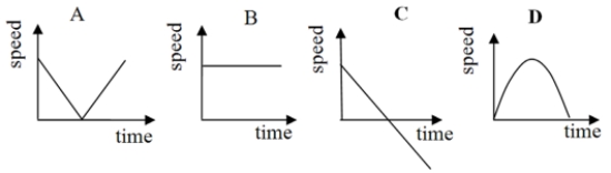 Which of these graphs would be correct for the speed of a ball thrown upward?   A)  A B)  B C)  C D)  D
