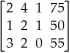 Each day of the holiday season,the company must move 75 tons of mail,50 tons of medical supplies,and 55 tons of freight.This system of equations can be represented by the matrix:    .Reduce this matrix to calculate how many aircraft of each type should be used.