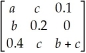 If   is a transition matrix for a Markov chain,determine the values of a,b,and c.
