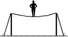 A circus performer of weight W is walking along a  high wire  as shown.The tension in the wire is:   A) approximately W B) approximately W/2 C) much less than W D) much more than W E) depends on whether he stands on one or two feet