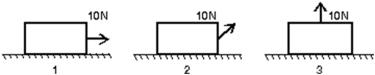 A crate rests on a horizontal surface and a woman pulls on it with a 10-N force.Rank the situations shown below according to the magnitude of the normal force exerted by the surface on the crate, least to greatest.   A) 1, 2, 3 B) 2, 1, 3 C) 2, 3, 1 D) 1, 3, 2 E) 3, 2, 1