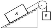 Block A, with a mass of 10 kg, rests on a 30°incline.The coefficient of kinetic friction is 0.20.The attached string is parallel to the incline and passes over a massless, frictionless pulley at the top.Block B, with a mass of 8.0 kg, is attached to the dangling end of the string.The acceleration of B is:   A) 0.69 m/s<sup>2</sup>, up B) 0.69 m/s<sup>2</sup>, down C) 2.6 m/s<sup>2</sup>, up D) 2.6 m/s<sup>2</sup>, down E) 0 m/s<sup>2</sup>