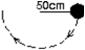 The string in the figure is 50 cm long.When the ball is released from rest, it swings along the dotted arc.How fast is it going at the lowest point in its swing?   A) 2.0 m/s B) 2.2 m/s C) 3.1 m/s D) 4.4 m/s E) 6.0 m/s