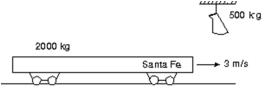 A 500-kg sack of coal is dropped on a 2000-kg railroad flatcar which was initially moving at 3 m/s as shown.After the sack rests on the flatcar, the speed of the flatcar is:   A) 0.6 m/s B) 1.2 m/s C) 1.8 m/s D) 2.4 m/s E) 3.6 m/s