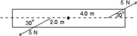 A rod is pivoted about its center.A 5-N force is applied 4 m from the pivot and another 5-N force is applied 2 m from the pivot, as shown.The magnitude of the total torque about the pivot is:   A) 0 N.m B) 5.0 N.m C) 8.7 N.m D) 15 N.m E) 26 N.m