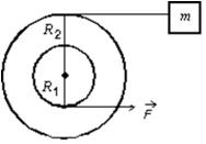 A small disk of radius R<sub>1</sub> is fastened coaxially to a larger disk of radius R<sub>2</sub>.The combination is free to rotate on a fixed axle, which is perpendicular to a horizontal frictionless table top, as shown in the overhead view below.The rotational inertia of the combination is I.A string is wrapped around the larger disk and attached to a block of mass m, on the table.Another string is wrapped around the smaller disk and is pulled with a force   as shown.The tension in the string pulling the block is:   A) R<sub>1</sub>F/R<sub>2</sub> B) mR<sub>1</sub>R<sub>2</sub>F/(I - mR<sub>2</sub><sup>2</sup>)  C) mR<sub>1</sub>R<sub>2</sub>F/(I + mR<sub>2</sub><sup>2</sup>)  D) mR<sub>1</sub>R<sub>2</sub>F/(I - mR<sub>1</sub>R<sub>2</sub>)  E) mR<sub>1</sub>R<sub>2</sub>F/(I + mR<sub>1</sub>R<sub>2</sub>) 