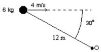 A 6.0-kg particle moves to the right at 4.0 m/s as shown.The magnitude of its angular momentum about the point O is:   A) 0 kg∙m<sup>2</sup>/s B) 288 kg∙m<sup>2</sup>/s C) 144 kg∙m<sup>2</sup>/s D) 24 kg∙m<sup>2</sup>/s E) 249 kg∙m<sup>2</sup>/s
