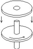 A wheel, with rotational inertia I, mounted on a vertical shaft with negligible rotational inertia, is rotating with angular speed    <sub>0.</sub>A nonrotating wheel with rotational inertia 2I is suddenly dropped onto the same shaft as shown.The resultant combination of the two wheels and shaft will rotate at:   A)     <sub>0 </sub>/2  B)  2   <sub>0</sub>  C)     <sub>0</sub> /3  D)  3   <sub>0</sub>  E)     <sub>0 </sub>/4 