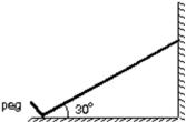 A uniform ladder is 10 m long and weighs 400 N.It rests with its upper end against a frictionless vertical wall.Its lower end rests on the ground and is prevented from slipping by a peg driven into the ground.The ladder makes a 30 °  angle with the horizontal.The force exerted on the wall by the ladder is:   A) 47 N B) 74 N C) 120 N D) 350 N E) 460 N