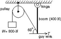 A 400-N uniform vertical boom is attached to the ceiling by a hinge, as shown.An 800-N weight W and a horizontal guy wire are attached to the lower end of the boom as indicated.The pulley is massless and frictionless.The tension force T of the horizontal guy wire has magnitude:   A) 350 N B) 400 N C) 690 N D) 800 N E) 1200 N