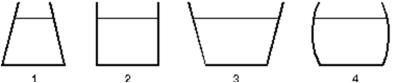 The vessels shown below all contain water to the same height.Rank them according to the pressure exerted by the water on the vessel bottoms, least to greatest.   A) 1, 2, 3, 4 B) 3, 4, 2, 1 C) 1, 2, 4, 3 D) 2, 3, 4, 1 E) All pressures are the same