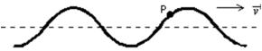  A wave traveling to the right on a stretched string is shown below.The direction of the instantaneous velocity of the point P on the string is:   A)  \uparrow  B)  \downarrow  C)  \rightarrow  D)     E)  no direction since v = 0  