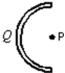  Positive charge Q is uniformly distributed on a semicircular rod.What is the direction of the electric field at point P, the center of the semicircle?   A)    \uparrow    B)    \downarrow    C)    \leftarrow    D)    \rightarrow    E)      