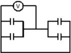  Each of the four capacitors shown is 500  \mu F.The voltmeter reads 1000V.The magnitude of the charge on each capacitor plate is:   A) 0.2 C B) 0.5 C C) 20 C D) 50 C E) none of these 