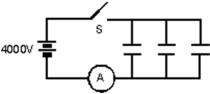  Each of the three 25- \mu F capacitors shown is initially uncharged.How many coulombs of charge pass through the ammeter A after the switch S is closed?   A) 0.033 C B) 0.10 C C) 0.30 C D) 10 C E) none of these 