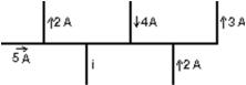  A portion of a circuit is shown, with the values of the currents given for some branches.What is the direction and value of the current i?   A)    \downarrow  , 6A  B)    \uparrow  , 6A  C)    \downarrow  , 4A  D)    \uparrow  , 4A  E)    \downarrow  , 2A  