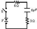  In the circuit shown, the capacitor is initially uncharged, and V = 10 V.At time t = 0, switch S is closed.If    denotes the time constant, the approximate current through the 3   \mu   resistor when t =    /10 is:   A) 0.50 A B) 0.75 A C) 1.0 A D) 1.5 A E) 3.0 A 