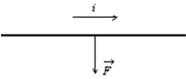 The diagram shows a straight wire carrying current i in a uniform magnetic field.The magnetic force on the wire is indicated by an arrow but the magnetic field is not shown.Of the following possibilities, the direction of the magnetic field is:   A) to the right B) opposite the direction of   C) in the direction of   D) into the page E) out of the page