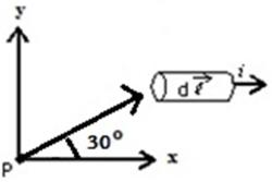 In the figure, if the current element has a length of 1.0 mm, carries a current of 2.5 A, and is a distance of 4.8 cm from the point P, what is the magnitude of the magnetic field at point P?   A) 0 T B) 2.6 x 10<sup>-9</sup> T C) 5.4 x 10<sup>-8</sup> T D) 9.4 x 10<sup>-</sup><sup>8</sup> T E) 1.1 x 10<sup>-7</sup> T