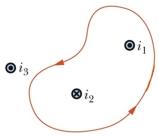 In the figure, there are three wires carrying currents in the indicated directions, and an Amperian loop.The sign of the contribution of the current in each wire to the path integral   in Ampere's Law is:   A) i<sub>1</sub> +, i<sub>2</sub> -, i<sub>3</sub> 0 B) i<sub>1</sub> -, i<sub>2</sub> +, i<sub>3</sub> 0 C) i<sub>1</sub> +, i<sub>2</sub> +, i<sub>3</sub> - D) i<sub>1</sub> -, i<sub>2</sub> -, i<sub>3</sub> + E) i<sub>1</sub> +, i<sub>2</sub> -, i<sub>3</sub> -