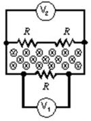 A changing magnetic field pierces the interior of a circuit containing three identical resistors.Two voltmeters are connected as shown.V<sub>1</sub> reads 1 mV across R.V<sub>2</sub> reads the voltage across the other two resistors, which is:   A) 0 V B) 1/3 mV C) 1/2 mV D) 1 mV E) 2 mV