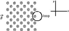 A circular loop of wire is positioned half in and half out of a square region of constant uniform magnetic field directed into the page, as shown.To induce a clockwise current in this loop:   A) move it in +x direction B) move it in +y direction C) move it in -x direction D) move it in -y direction E) increase the strength of the magnetic field