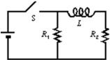 When the switch S in the circuit shown is closed, the time constant for the growth of current in R<sub>2</sub> is:   A) L/R<sub>1</sub> B) L/R<sub>2</sub> C) L/(R<sub>1</sub> + R<sub>2</sub>)  D) L(R<sub>1</sub> + R<sub>2</sub>) /(R<sub>1</sub>R<sub>2</sub>)  E) (L/R<sub>1</sub> + L/R<sub>2</sub>) /2