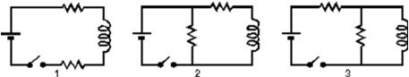 The diagrams show three circuits with identical batteries, identical inductors, and identical resistors.Rank them according to the current through the battery just after the switch is closed, from least to greatest.   A) 3, 2, 1 B) 2 and 3 tie, then 1 C) 1, 3, 2 D) 1, 2, 3 E) 2, 3, 1