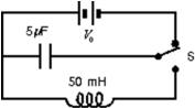 In the circuit shown, switch S is first pushed up to charge the capacitor.When S is then pushed down, the current in the circuit will oscillate at a frequency of:   A) 0.010 Hz B) 12.5 Hz C) 320 Hz D) 2000 Hz E) depends on V<sub>0</sub>