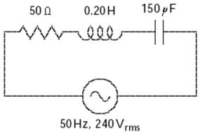  The impedance of the circuit shown is:   A) 21  \Omega   B) 50   \Omega   C) 63   \Omega   D) 65   \Omega   E) 98   \Omega   