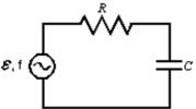 The average power supplied to the circuit shown passes through a maximum when which one of the following is increased continuously from a very low to a very high value?   A) source emf   B) R C) C D) source frequency f E) none of these
