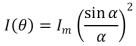 The intensity of the single-slit diffraction pattern at any angle θ is given by   .For light of wavelength 480 nm falling on a slit of width 3.5 µm, what is the value of α when θ = 18°? A) 0.31 rad B) 2.3 rad C) 7.1 rad D) 7.3 rad E) 9.8 rad