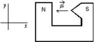 A magnetic dipole is placed between the poles of a magnet as shown.The direction of the associated force exerted on the dipole is:   A) positive x B) positive y C) negative x D) negative y E) into or out of the page