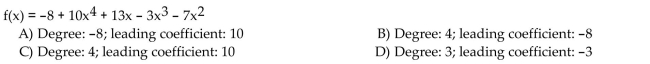 State the degree and leading coefficient of the polynomial function.  <div style=padding-top: 35px> 