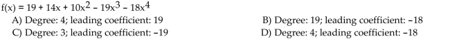 State the degree and leading coefficient of the polynomial function.  <div style=padding-top: 35px> 