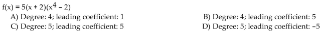 State the degree and leading coefficient of the polynomial function.  <div style=padding-top: 35px> 