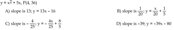Find the slope of the curve at the given point P and an equation of the tangent line at P.  <div style=padding-top: 35px> 