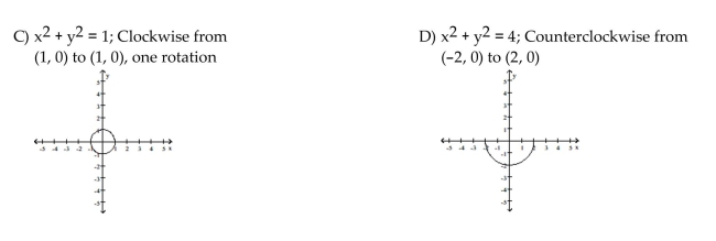 Parametric equations and and a parameter interval for the motion of a particle in the xy-plane are given. Identify the particle's path by finding a Cartesian equation for it. Graph the Cartesian equation. Indicate the portion of the graph traced by the particle and the direction of motion.