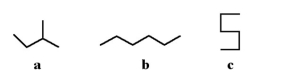 Which of the following molecules is not a straight-chain hydrocarbon?   A) a B) b C) c D) All of the above are straight-chain hydrocarbons. E) None of the above are straight-chain hydrocarbons.
